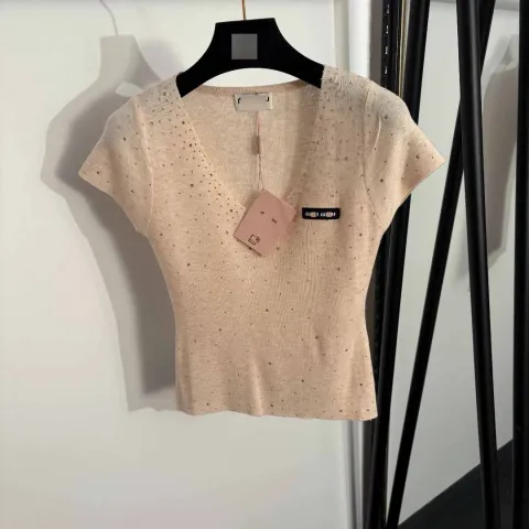 Beige knit short sleeve top